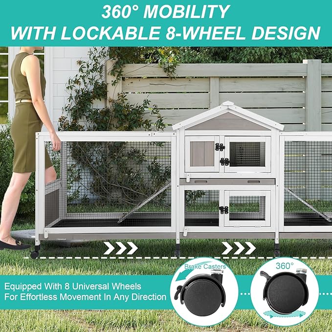 2-Tier Rabbit Hutch with Wheels, Indoor & Outdoor Small Animal Cage with Deep Pull-Out Tray, Anti-Chew Frame, Habitat for Bunny, Guinea Pig, Chinchilla (93" L x 19" W x 35" H)-PawvioPets
