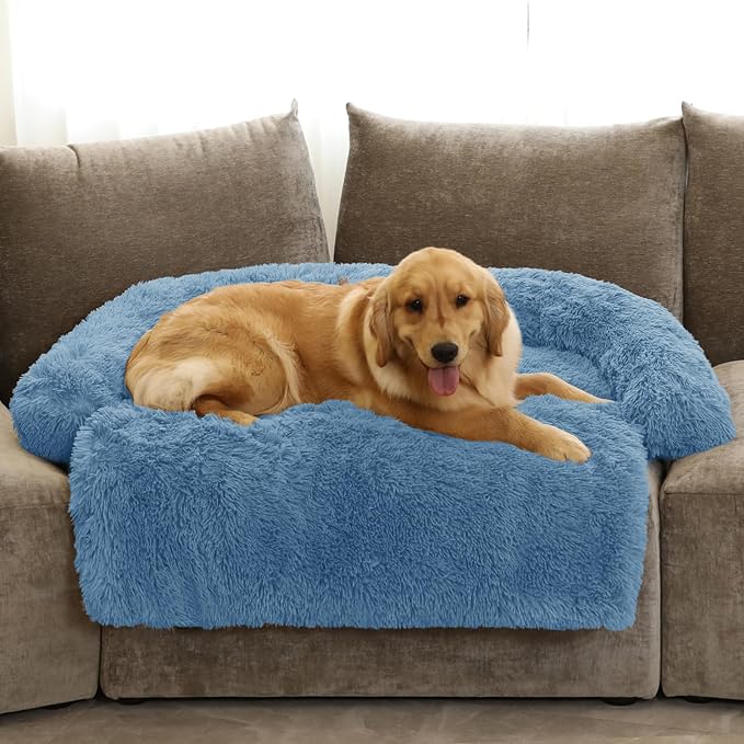 GGIB Calming Dog Bed Fluffy Plush Dog Mat for Furniture Protector with Removable Washable Cover for Large Medium Small Dogs and Cats (Extra Large (53x39.3x6), Navy)-PawvioPets