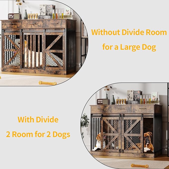 48'' Dog Crate Furniture with Removable Divider & Storage Drawers, Wooden Double Dog Cage TV Stand with 2 Sliding Barn Doors, Multi-Functional Dog Crate End Table for Indoor use (Retro Brown)-PawvioPets