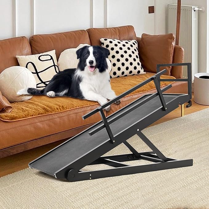 Dog Ramp for Bed, Adjustable Pet Ramps for Dog to Get on Bed, Non-Slip Rubber Surface - Folding Wooden Dog Ramp for Small/Large/Old Dogs, Adjustable up to 27.5 inch High Beds, Safety Railings-PawvioPets