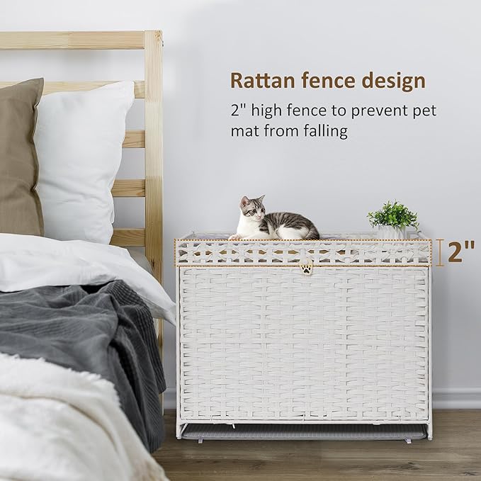 Cat Litter Box Enclosure with Soft Litter Mat; Hidden Cat Washroom Furniture with Door; Handwoven Rattan Cat House with Large Space; Pet Crate for Living Room, Bedroom, Balcony (White)-PawvioPets
