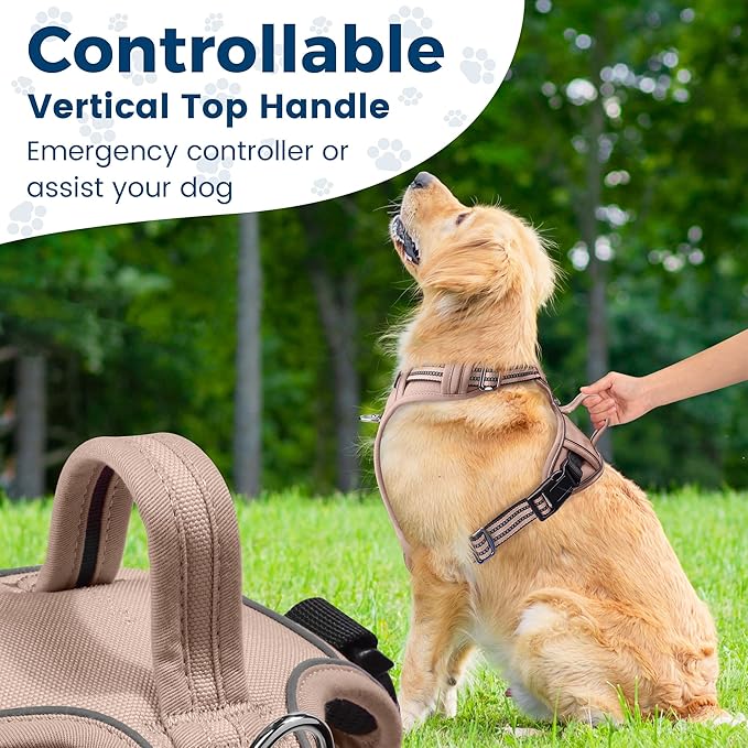 Funfox Dog Harness No Pull, Adjustable Pet Vest Harness, Super Soft Material with Vertical Handle Easy Control, Reflective Night Walking, 2 Leash Clips for XLarge Dogs, Brown, XL-PawvioPets