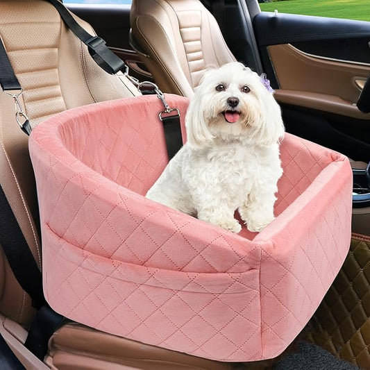 Dog Car Seat for Small Medium Dogs,Detachable Washable Dog Booster Seat Under 30lbs, Pet Car Seats Travel Bed with Storage Pockets and Safety Belt(Pink)-PawvioPets