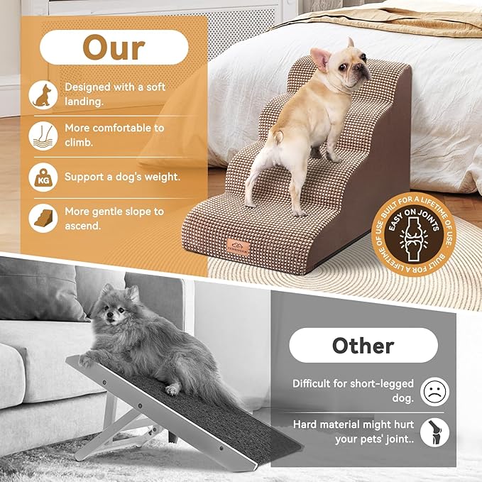 Dog Ramp and Stair for Bed 16" H-20 H,3-Step Cat Stair for Sofa and Chair,4-Step Dog Ramp for High Bed and Window,Durable Nonslip Fabric Cover for Indoor (Coffee-20 H, Pet Friendly, 4)-PawvioPets