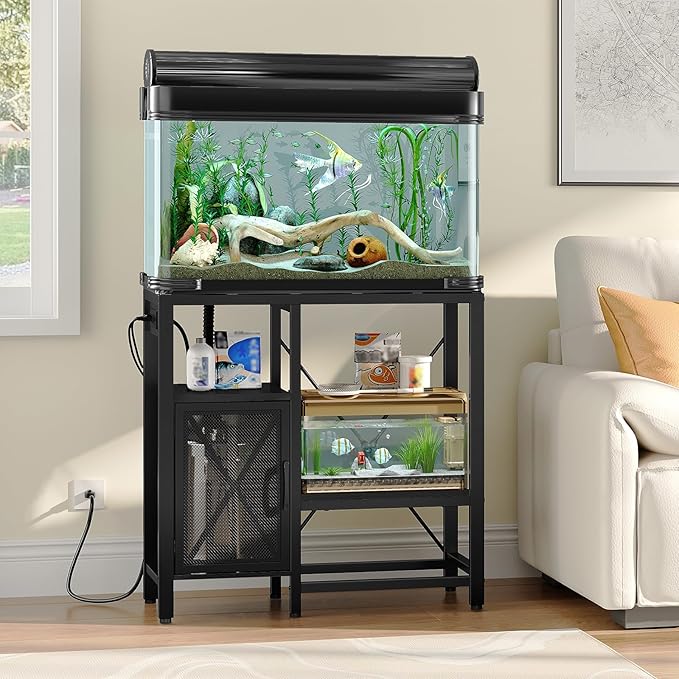 20-37 Gallon Fish Tank Stand, Aquarium Stand with Power Outlet and Storage Cabinet, Heavy Duty Tank Stand Suitable for Turtle Tank, Reptile Terrarium, for Home Office, Black FTHB40E01-PawvioPets