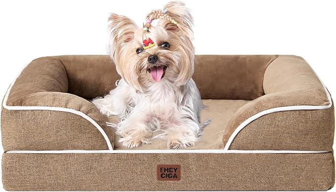 EHEYCIGA Orthopedic Dog Bed for Small Dogs, Waterproof Memory Foam Small Dog Beds with Sides, Non-Slip Bottom and Egg-Crate Foam Medium Pet Couch Bed with Washable Removable Cover, Camel-PawvioPets