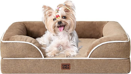 EHEYCIGA Orthopedic Dog Bed for Small Dogs, Waterproof Memory Foam Small Dog Beds with Sides, Non-Slip Bottom and Egg-Crate Foam Medium Pet Couch Bed with Washable Removable Cover, Camel-PawvioPets
