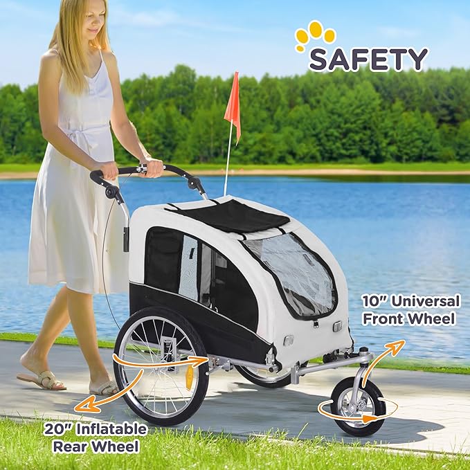 Aosom Dog Bike Trailer 2-in-1 Pet Stroller with Canopy and Storage Pockets-PawvioPets
