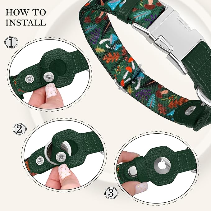 AirTag Dog Collar for Small Medium Large Breed - Adjustable Cute Pattern Dog Collar with Airtag Holder - Soft Leather Tracker GPS Apple Air Tag Pet Collars (Large, 17"-21" Neck Fit, Mushroom)-PawvioPets