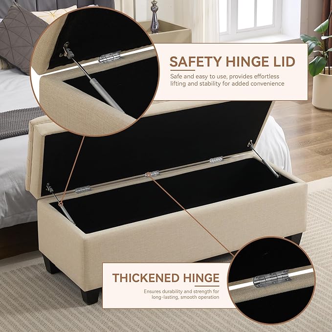 51" Fabric Storage Ottoman Bench, Upholstered Rectangle End of Bed Storage Ottoman Tufted Living Room Bedroom Bench with Safety Hinge, Solid Wood Legs, Loads 500 lb(Khaki)-PawvioPets