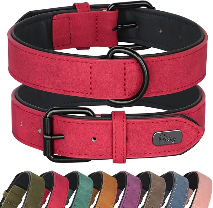 Didog Soft Padded PU Leather Dog Collar, Breathable and Adjustable Red Dog Collars for Small Dogs, Comfortable for Daily Walk, Red, M Fit Neck 12-15"(13-22 lbs)-PawvioPets