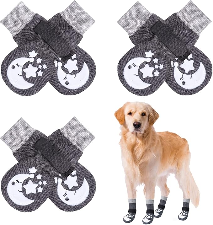 BEAUTYZOO Anti-Slip Dog Socks with Grips Traction Control for Small Medium Large Dogs, Non Skid Indoor Double Side Pet Paw Protector for Hardwood Floor Wear (Moon and Star, XL)-PawvioPets
