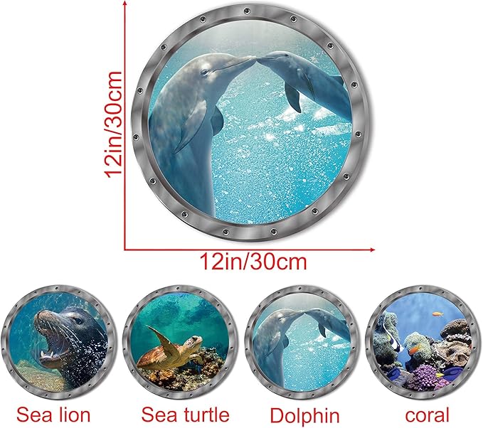 4 PCS Removable 3D Under The Sea Nature Scenery Wall Decals - Animals Wall Sticker Home Wall Art Decor for Bathroom Bedroom Door Kids Baby Nursery Room - Includes Turtles, Dolphins, Sea Lions, Coral-PawvioPets