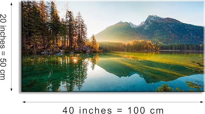 Beautiful Lake Mountain Range Sunrise Sunset Landscape Canvas Wall Art for Living Room, Autumn Forest National Park Scenery, Nature Scenic Picture Print Artwork Painting Decor,Inner Frame 20x40-PawvioPets