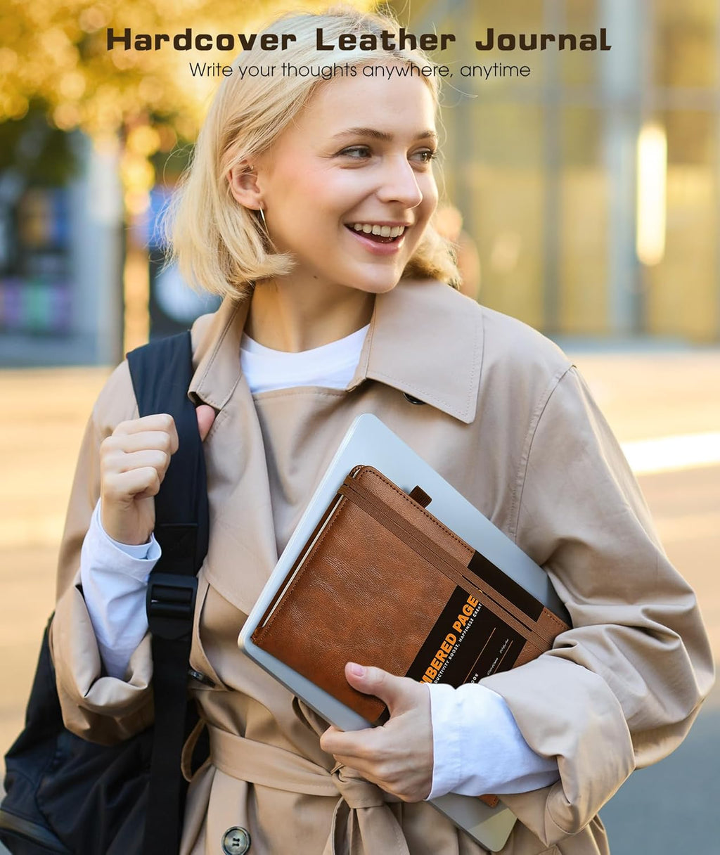 Lined Journal Notebook for Women Men, 256 Numbered Pages Hardcover Leather Journals for Writing, A5 Journaling Notebooks, College Ruled Journal for Business Work School 5.75" x 8.38" Light Brown