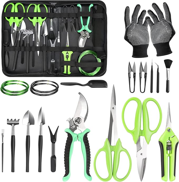 Bonsai Tool Kit, 21 Pcs Gardening Tools Set Include Garden Pruning Shears, Plant Trimming Scissors, Training Wire, Succulent Tool, Leather Bag Storage, Gardening Gifts for Women, Plant Lovers-PawvioPets