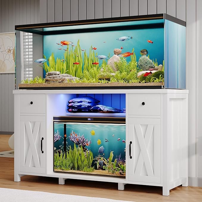 75 Gallon Fish Tank Stand with LED Light & Power Outlets, 55-75 Gallon Aquarium Stand with 2 Drawers & 2 Barn Doors, 52" L x 20" W Cabinet for 2 Fish Tank Accessories Storage, Turtle Tank, White-PawvioPets