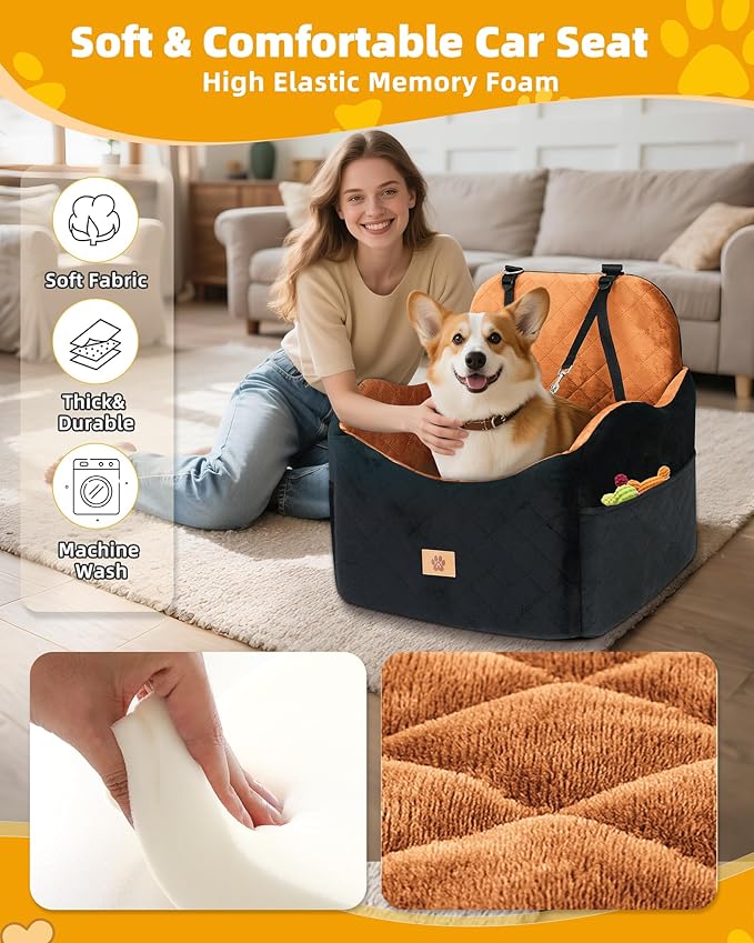 Car Seat Booster for Dog: High-Support Memory Foam Pet Car Seat for Small/Medium Dogs Under 35lbs with Elevated Cushion,Pockets - Detachable Washable Puppy Travel Bed for Driving(Black/Brown)-PawvioPets