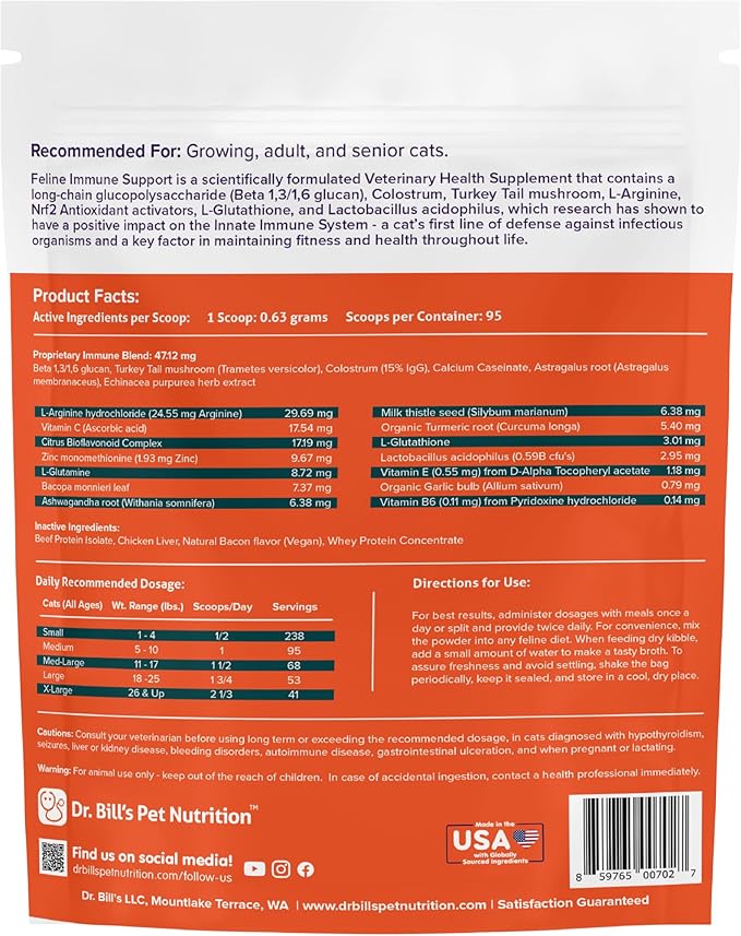 Dr. Bill’s Feline Immune Support | Boosts Cat Immunity and Health with Colostrum, Beta Glucan, Turkey Tail Mushroom, Zinc & Vitamin C | Powder Supplement for Cats of All Ages-PawvioPets