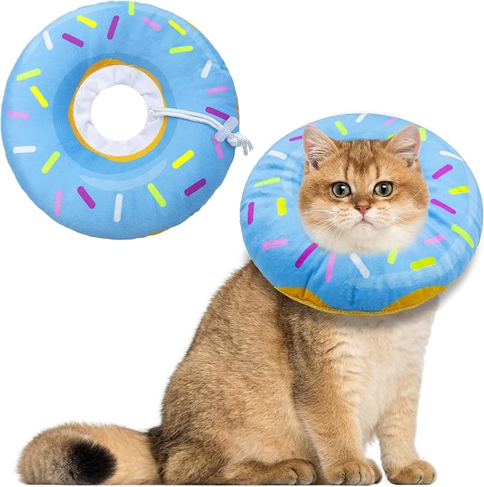 Cat Cone Collar Soft, Adjustable Cat Recovery Collars Kitten Cones to Stop Licking, Cute Donut E Collar After Surgery, Anti-Lick Wound Healing Elizabethan Collar for Kittens(Donut Blue, Medium)-PawvioPets