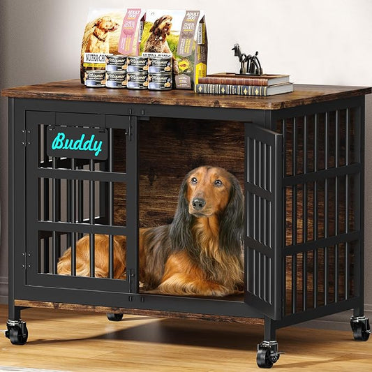 EasyCom 33"/27" Dog Crate Furniture with Name Tag, Heavy Duty Dog Kennel Indoor for Medium and Small Dogs, Double-Doors Sturdy Metal Dog Cage, Decorate House as TV Stand, End Table, Bedside Table-PawvioPets