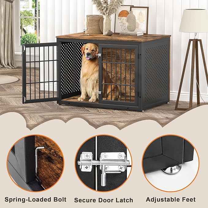 42" Heavy Duty Dog Crate Furniture for Large and Medium Dogs, Enclosed Design Wooden Metal Kennel, Wooden Cage Furniture Indoor, Decorative Dog Kennel End Table-PawvioPets