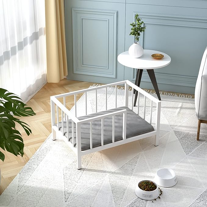 Dog Bed with Rails - Elevated Pet Metal Bed Frame with Solid Wood Board and Washable Soft Mat for Small Dog Indoor or Outdoor Use, 21.3" x 30 ", White-PawvioPets