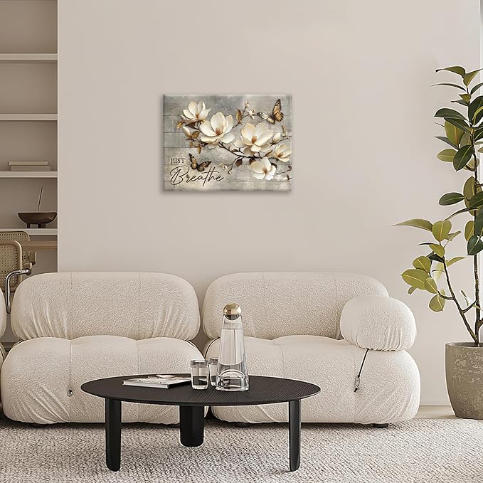 Floral Magnolia Bathroom Pictures Wall Art, Just Breathe Bathroom Wall Decor, Flower Butterfly Framed Painting Canvas Artwork for Bedroom Living Room Decorations 16"L x 12"W-PawvioPets