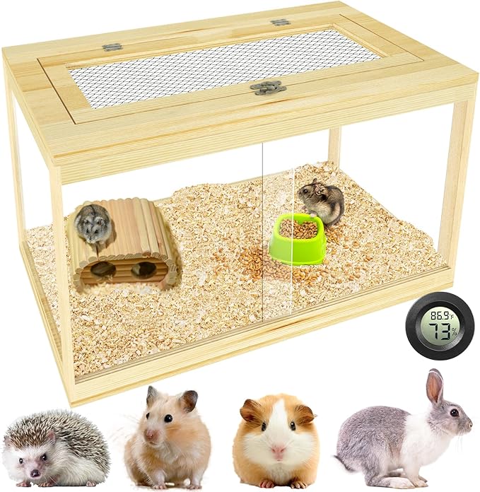 24" Hamster Cage, Lockable Sliding Door Gerbil Cage, Dwarf Hamster Cage with Metal Mesh Roof, Mice and Small Animal Habitat, Chewproof Syrian Hamster Enclosure, (Wooden, 24" L x 16" W x 16" H)-PawvioPets
