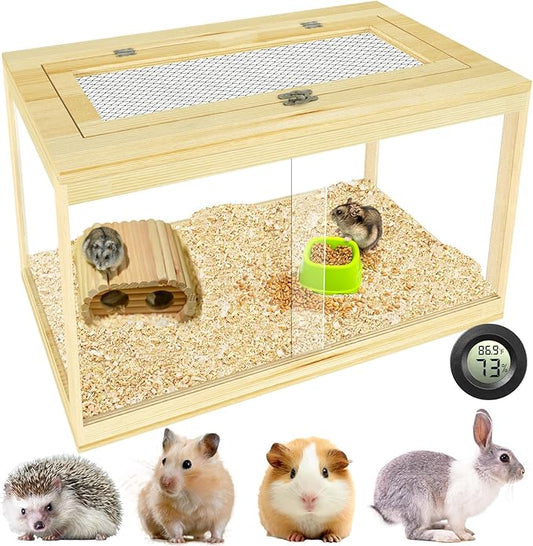 24" Hamster Cage, Lockable Sliding Door Gerbil Cage, Dwarf Hamster Cage with Metal Mesh Roof, Mice and Small Animal Habitat, Chewproof Syrian Hamster Enclosure, (Wooden, 24" L x 16" W x 16" H)-PawvioPets