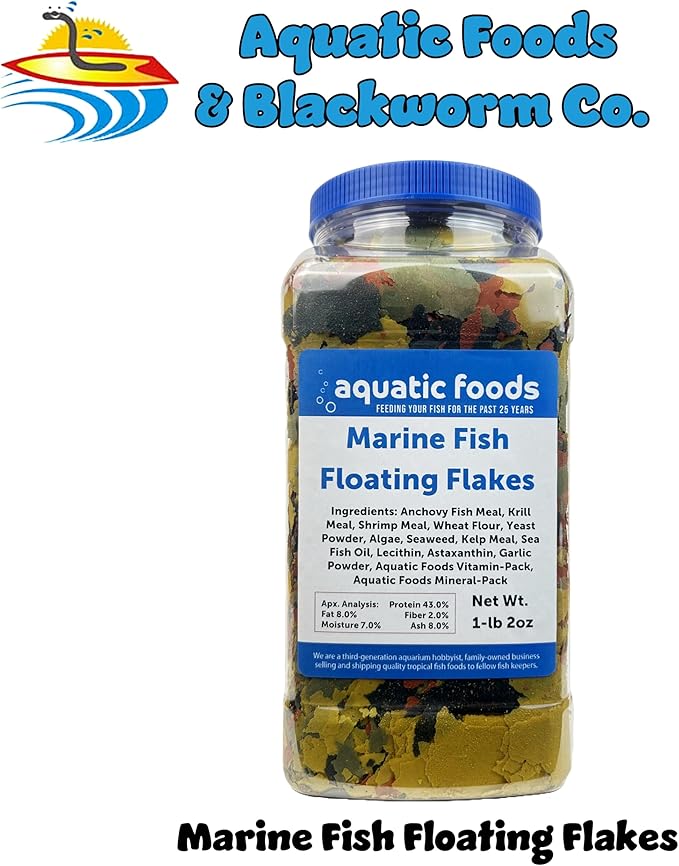 Aquatic Foods Inc. Marine Fish Flakes of Red & Green Algae, Seaweed for Tangs, Butterflies, Angelfish, Anthias, Clown Fish, Damsels Also Pellet Mix, Wafer Mix Included… AFI 1-lb 2oz-PawvioPets