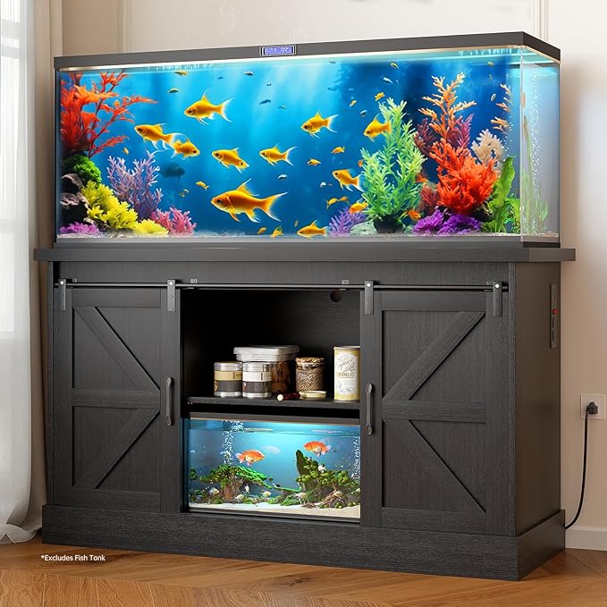 55-75 Gallon Fish Tank Stand with Sliding Barn Doors & Power Outlet, Heavy Duty Aquarium Stand with Cabinet Storage for Fish Tank, Turtle Tank, Reptile Terrarium, 1000LBS Capacity, Black-PawvioPets