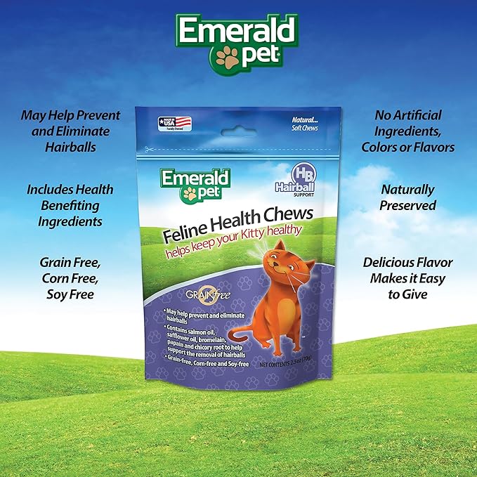 Emerald Pet Feline Health Chews Hairball Support — Natural Grain Free Feline Hairball Control Chews — Hairball Control Cat Supplements for Hairball Prevention and Elimination — Made in USA, 2.5 oz-PawvioPets