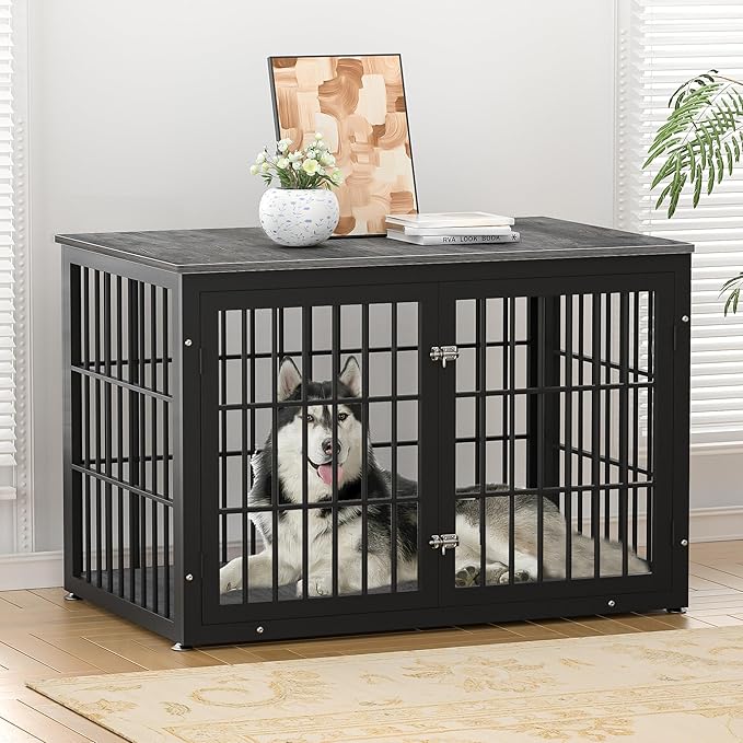48 Inch Heavy Duty Dog Crate Furniture for Large Dogs, Decorative Pet House End Table, Extra Large Wooden Cage Kennel Furniture Indoor, Black and Gray-PawvioPets