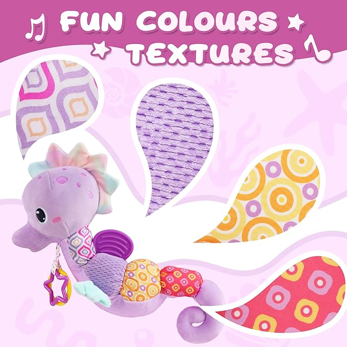 Baby Toys 0-6-12 Months,Musical Stuffed Animals Activity Soft Infant Toys with Multi-Sensory Crinkle, Rattle and Textures,Boys Newborn Baby Girl Toys, Seahorse, Purple-PawvioPets
