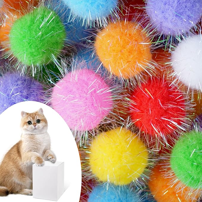 DF DUALFERV 60 Pcs Cat Pom Pom Balls, Interactive Cat Toys, Sparkle Balls for Cats, Extra Large and Fuzzy for Exercise and Entertainment, Multicolor, 1.5 Inch-PawvioPets