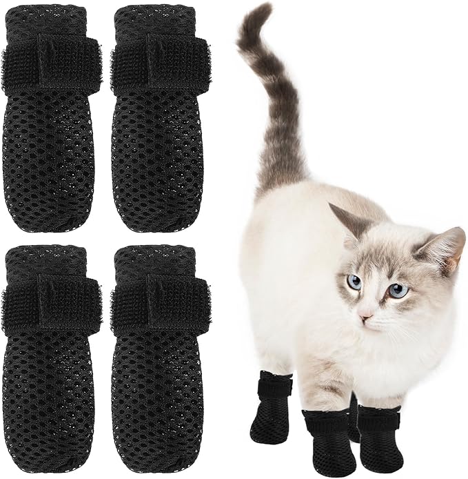 4Pcs Cat Shoes, Anti Scratch Cats Claw Covers, 3.62×1.57 Inches Breathable Mesh Nail Caps for Cats Claws, Adjustable Cat Mittens for Pet Bathing Feeding Cutting Nails(Black)-PawvioPets