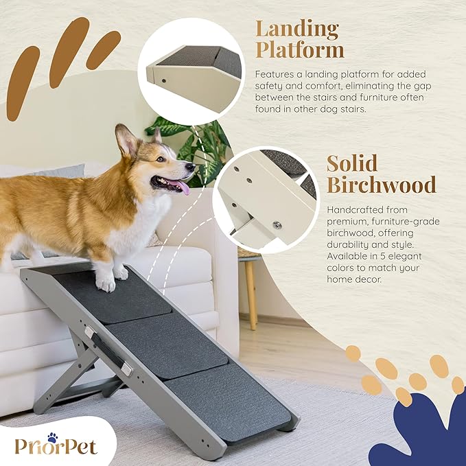 Dog Steps for Bed & Couch 2-in-1 Dog Stairs/Ramp - Height Adjustable Dog Ramp for Couch 7” - 20” - Pet Stairs, Dog Stairs for Small Dogs - Easy to Move Pet Steps with Landing Platform, Gray-PawvioPets