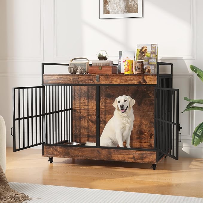 Dog Crate Furniture Large Breed with 2 Stainless Steel Bowls, Large Wooden Dog Crate Table, Escape-Proof & Chew-Proof XL Furniture, Decorate House As TV Stand, End Table, 45" L X 30" W 37" H-PawvioPets