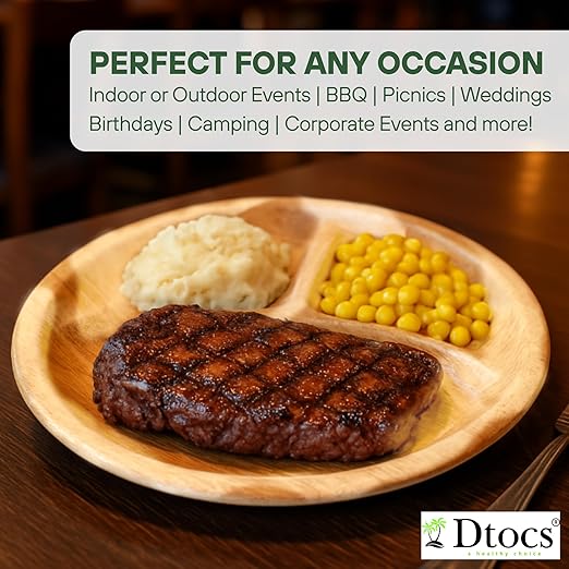 Dtocs 3 Compartment Plates (50 Pc) Palm Leaf 10 Inch Round Portion Control Buffet Sectional Plate | Bamboo Plates Disposable Like Compostable Camping Dinnerware Stronger than Divided Paper, Styrofoam-PawvioPets