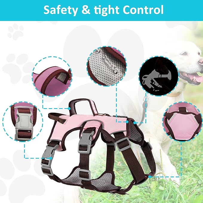 Escape Proof Dog Harness, No Pull Reflective Adjustable Vest with Easy Control Lift Handle, No Choke Soft Padded Breathable Full Body Pet Harness for Walking Hiking and Training (Pink, Small)-PawvioPets