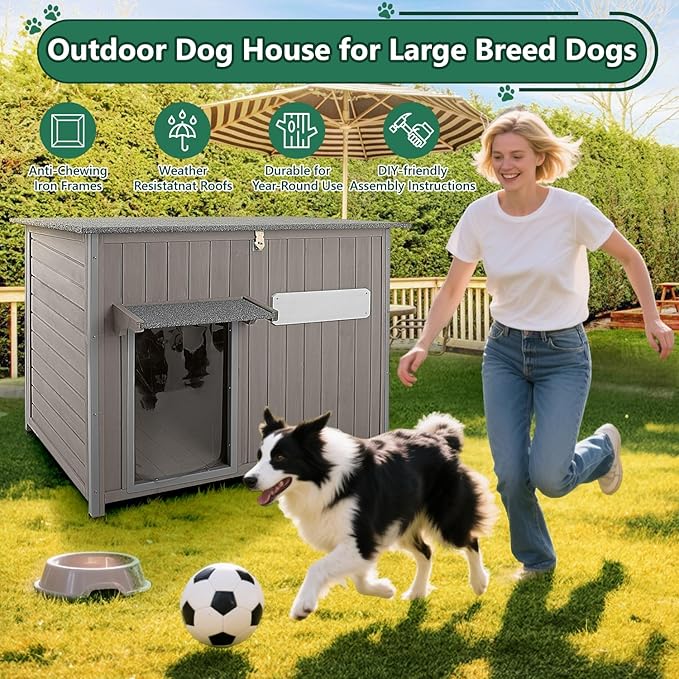 43.3" L Large Outdoor Dog House Weatherproof Doghouse for Medium to Large Dogs with Anti Bite Frames Wooden Dog Kennel with Window,8 Elevated Feet,Reinforced Bottom for Pet Up to 180 LBS-PawvioPets