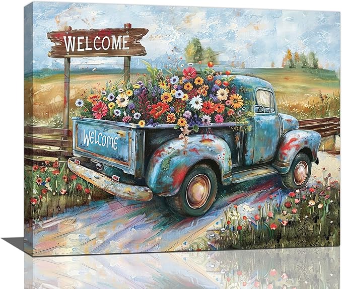 Farmhouse Truck Wall Art Rustic Country Wildflowers Wall Decor Road Flowers Landscape Pictures Canvas Print Painting Artwork for Bathroom Living Room Bedroom 16"x20"-PawvioPets