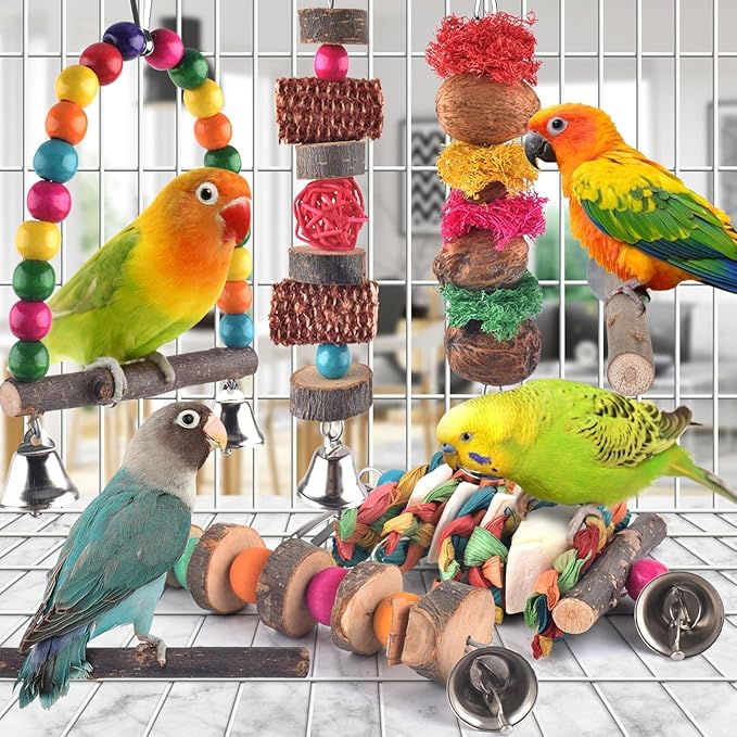 Bissap Bird Chew Toys, 7 Packs Parakeet Natural Wood Toys Parrot Hanging Cage Toy Bird Perch Stand for Small Bird Conure Cockatiel Parrotlet Lovebird Budgie-PawvioPets