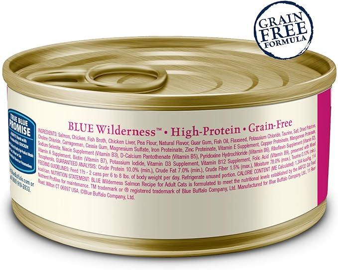 Blue Buffalo Wilderness Natural High-Protein Grain-Free Wet Food for Adult Cats, Salmon Paté, 5.5-oz. Cans, 24 Count-PawvioPets