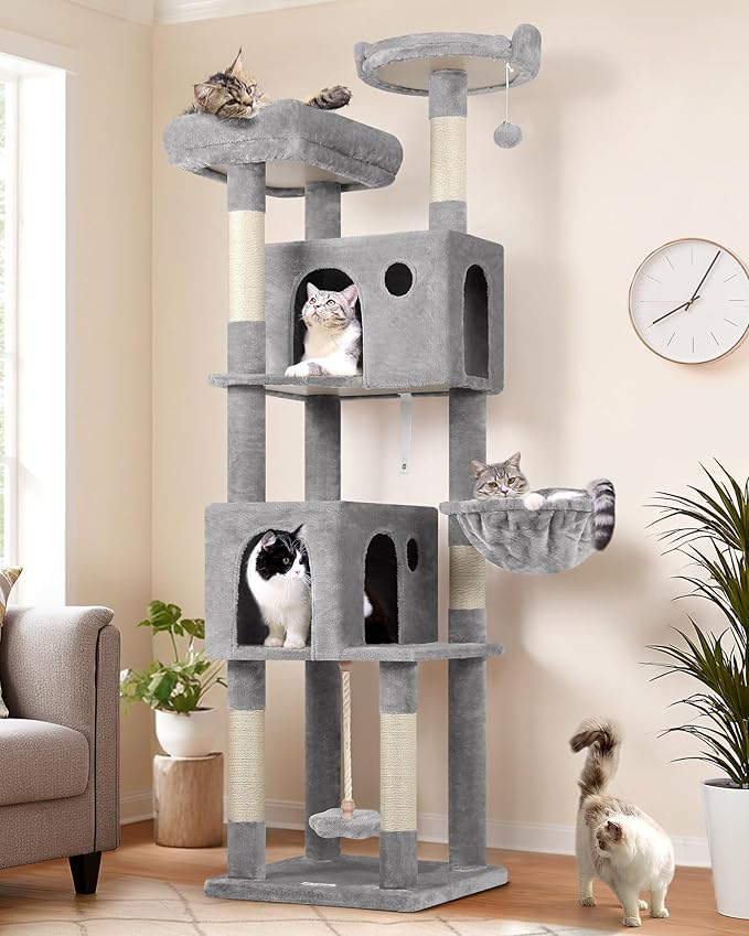 Globlazer Cat Tree, 70 inch Tall Scratching Tower Multi-Level Cat Condo for Indoor Multiple Cats with 2 Large Cat Caves, Top Perch, Large Platform, Bottom Swing, F70B, Light Grey-PawvioPets
