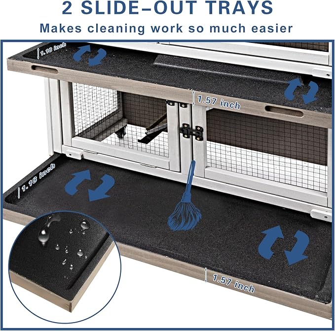 36" L Guinea Pig Cages Wooden, 2 Story Rabbit Cage Indoor Guinea Pig Habitat on 4 Metal Wheels and 2 Deeper Pull-Out Trays, Ramp, Leak Proof Guinea Pig Cages Indoor Small Animal Cage, Grey-PawvioPets