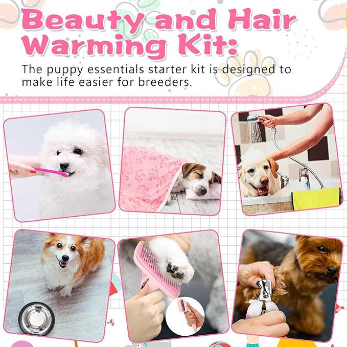 65 Pcs Puppy Supplies Starter Kit Small Dog Essentials Includes Dog Leash, Toys, Bowl, Brushes, Water Bottles, pet Blankets Puppy Accessories for New Welcome Gift Supplies(Cute,Pink)-PawvioPets
