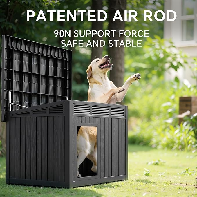 Dog House Indoor Outdoor,Resin Waterproof Puppy Shelter with Air Vents and Elevated Floor,Air Rod on Top to Open,Dog Kennel for Small to Medium Dogs(Black,32.2 * 25.12 * 24.13)-PawvioPets