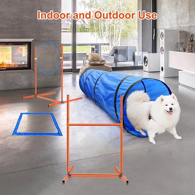 Dog Agility Training Equipment, Obstacle Agility Training Starter Kit for Doggie, Including Tunnel, 27 Weave Poles, Adjustable Hurdle, Jump Ring, Pause Box and Carrying Bag(Blue,L)-PawvioPets